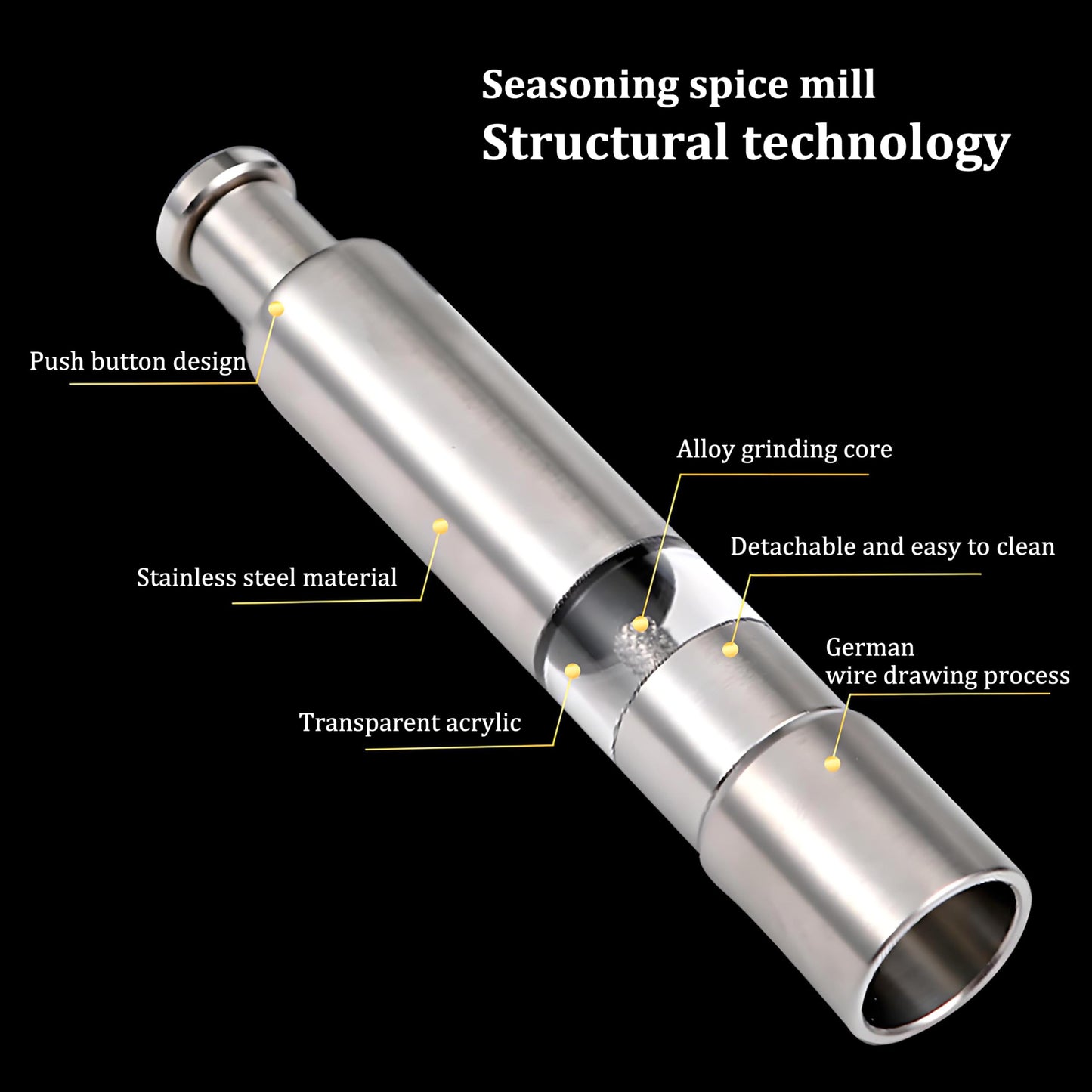 LntJoQxbm Push button salt and pepper grinder, One handed seasoning spice mill gadgets, 1 Pcs or Buy more, Solid stainless, silver