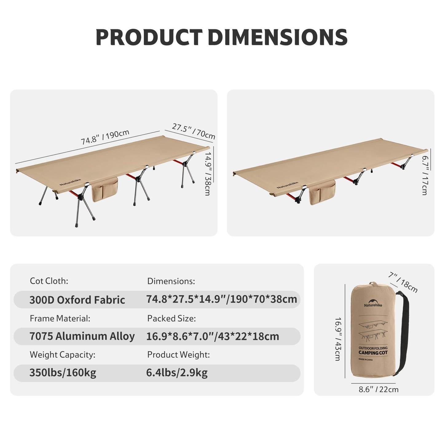 Naturehike ArmyWild Folding Camping Cot, Height Adjustable Ultralight Widen Backpacking Cot, Portable Camping Bed for Camping Hiking Travel Home（Upgraded Khaki）