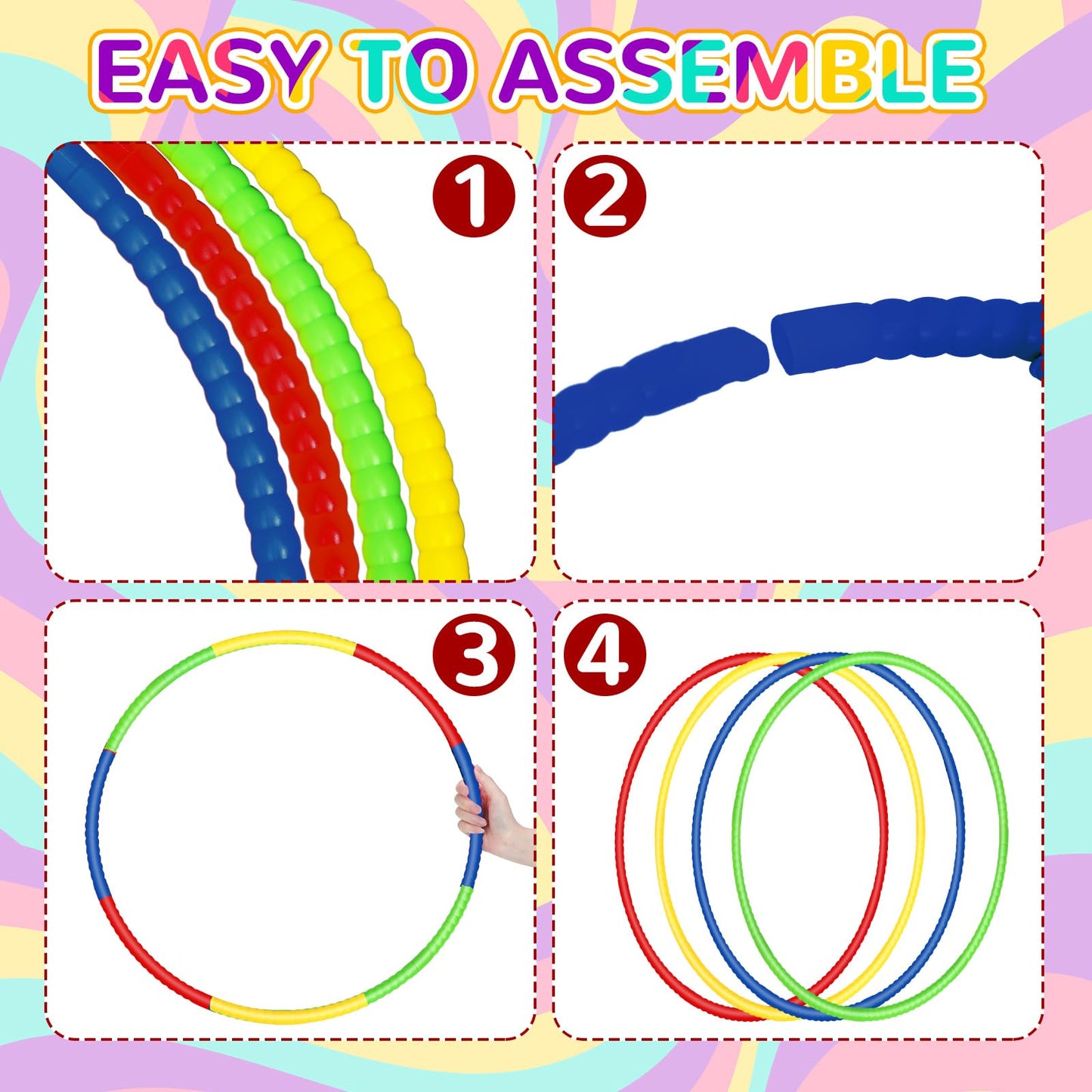 Sratte 12 Pcs Toy Hoop for Kid - Detachable & Adjustable Colored Hoop Exercise Ring Plastic Circle for Kid, Teen Gymnastics, Dog Agility Equipment, Require Self Assembly(Classic Color, 28 Inch)