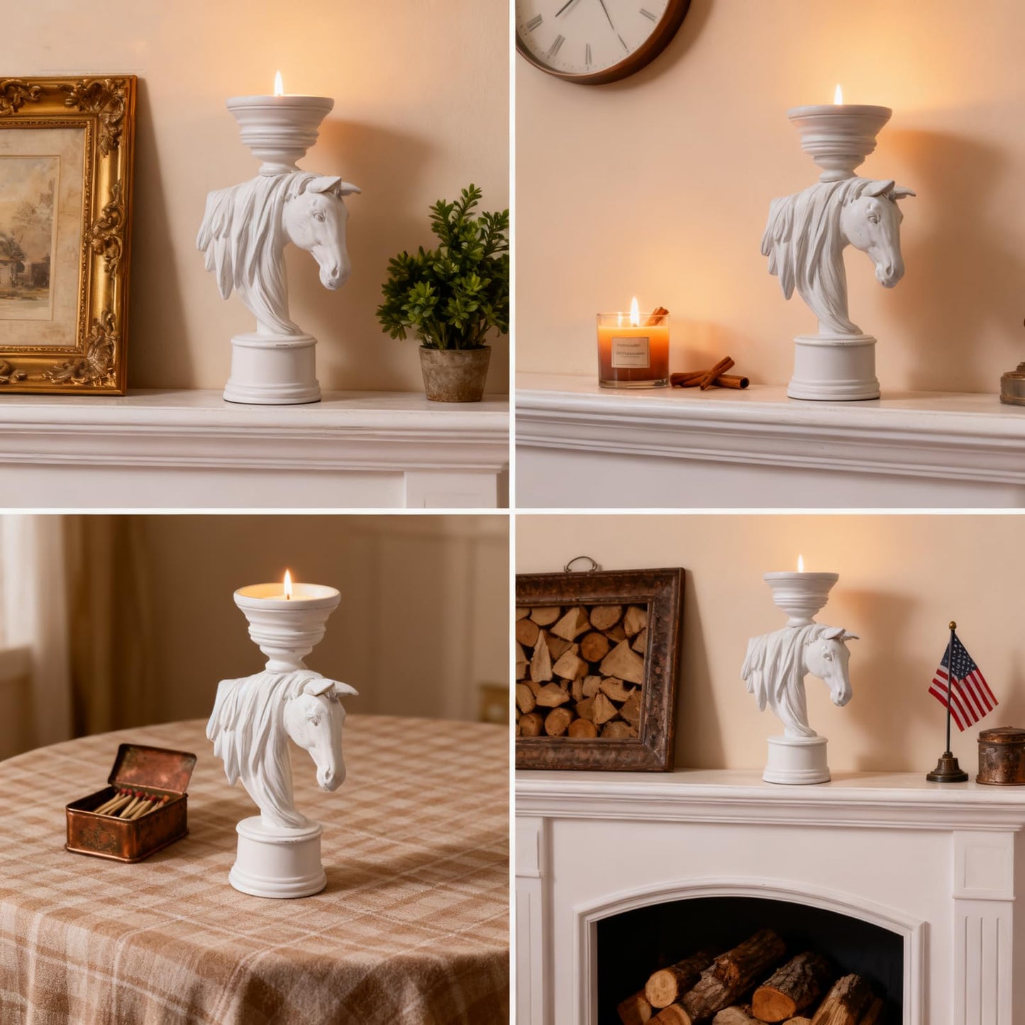 Horse Candle Holder 12 Inch – Rustic Equestrian Stallion Figurine for Farmhouse Table Centerpiece, Western Mantel Decor, Entryway Console Display, Resin Horse Statue with Pillar Candle Tray