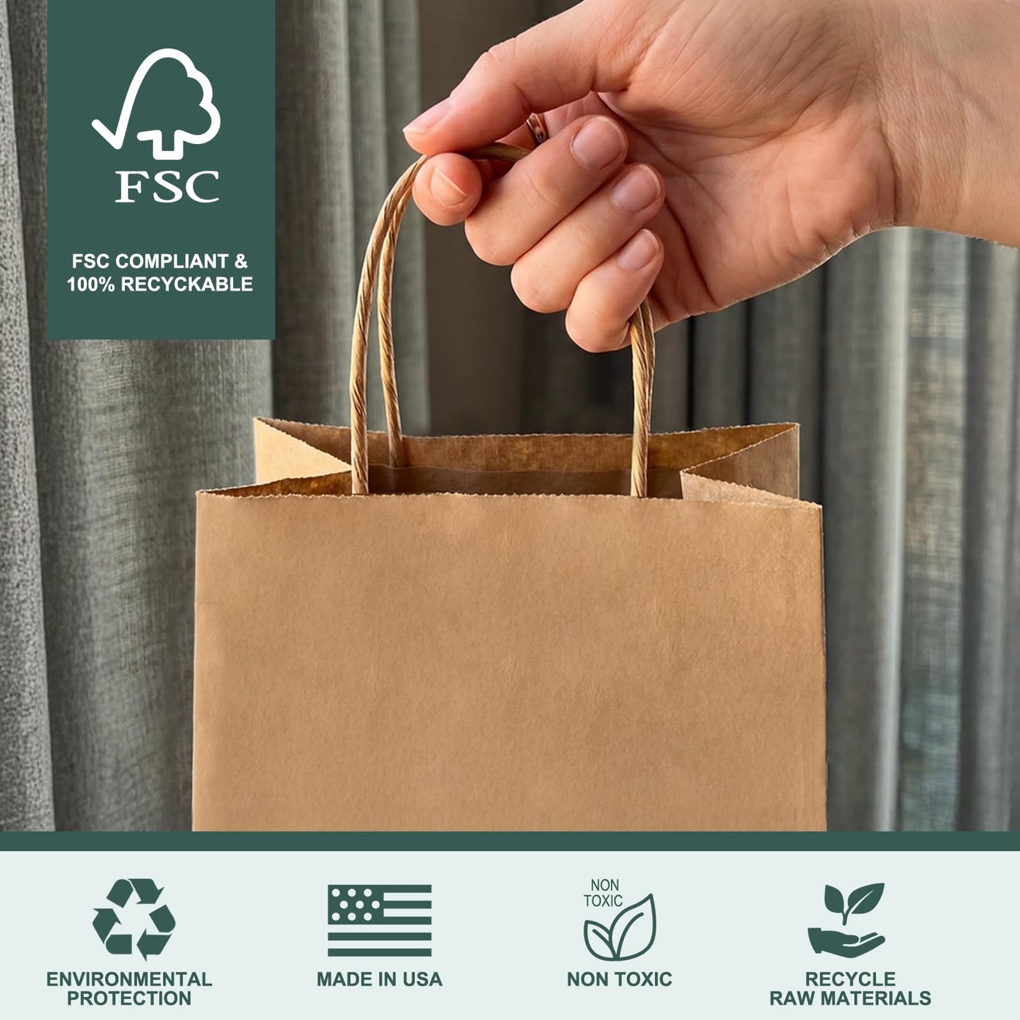 METRONIC Paper Gift Bags 5.25x3.75x8 50Pcs, Christmas Gift Wrap Bags with Handles, Brown Kraft Paper Bag for Small Business, Bulk Party Favors Bag for Birthday, Shopping, Retail, Made in USA