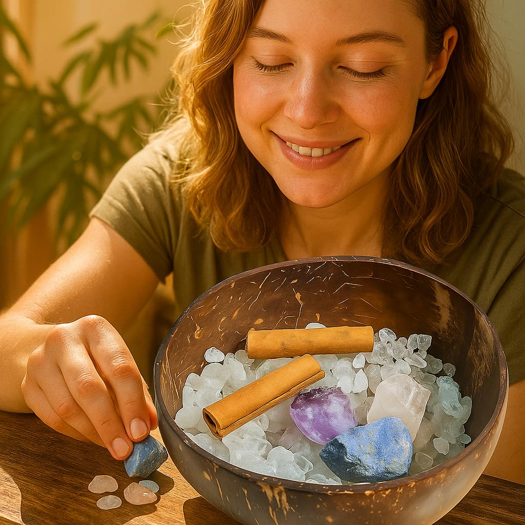 Crystal Cleansing Set with Coconut Bowl – Natural White Quartz Raw Stone, Crystal Chips & Cinnamon Sticks for Meditation, Energy Healing, and Spiritual Rituals