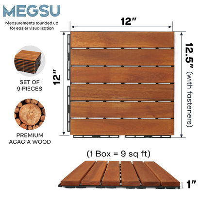 Megsu Wood Interlocking Deck Tiles - 12"x12" Indoor & Outdoor Flooring Tiles for Balcony, Backyard & Poolside, Weather & UV Resistant (Natural - Striped Pattern, 27 Pcs - 27 Square Ft)