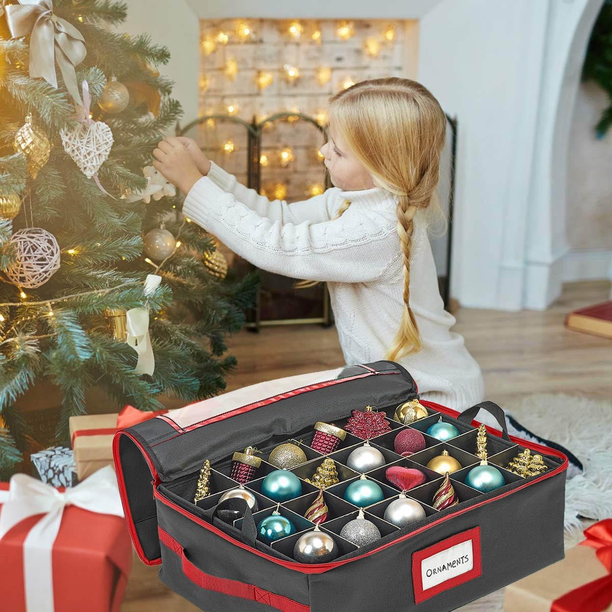 HOLDN’ STORAGE Christmas Ornament Storage Box with Dividers - Fits 48-3” Ornaments, 2 Removable Trays, Durable & Space-Saving, Clear Top Lid, Fits Underbed, Charcoal