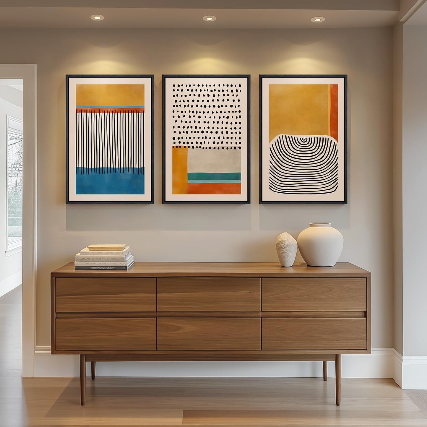 Framed Boho Sage Green Wall Art for Living Room, Large Mid Century Modern Tropical Leaf Canvas Artwork for Walls, 3 Piece Beige Orange Bohemian Wall Art Prints for Bedroom Kitchen Hallway, 16x24 Inch