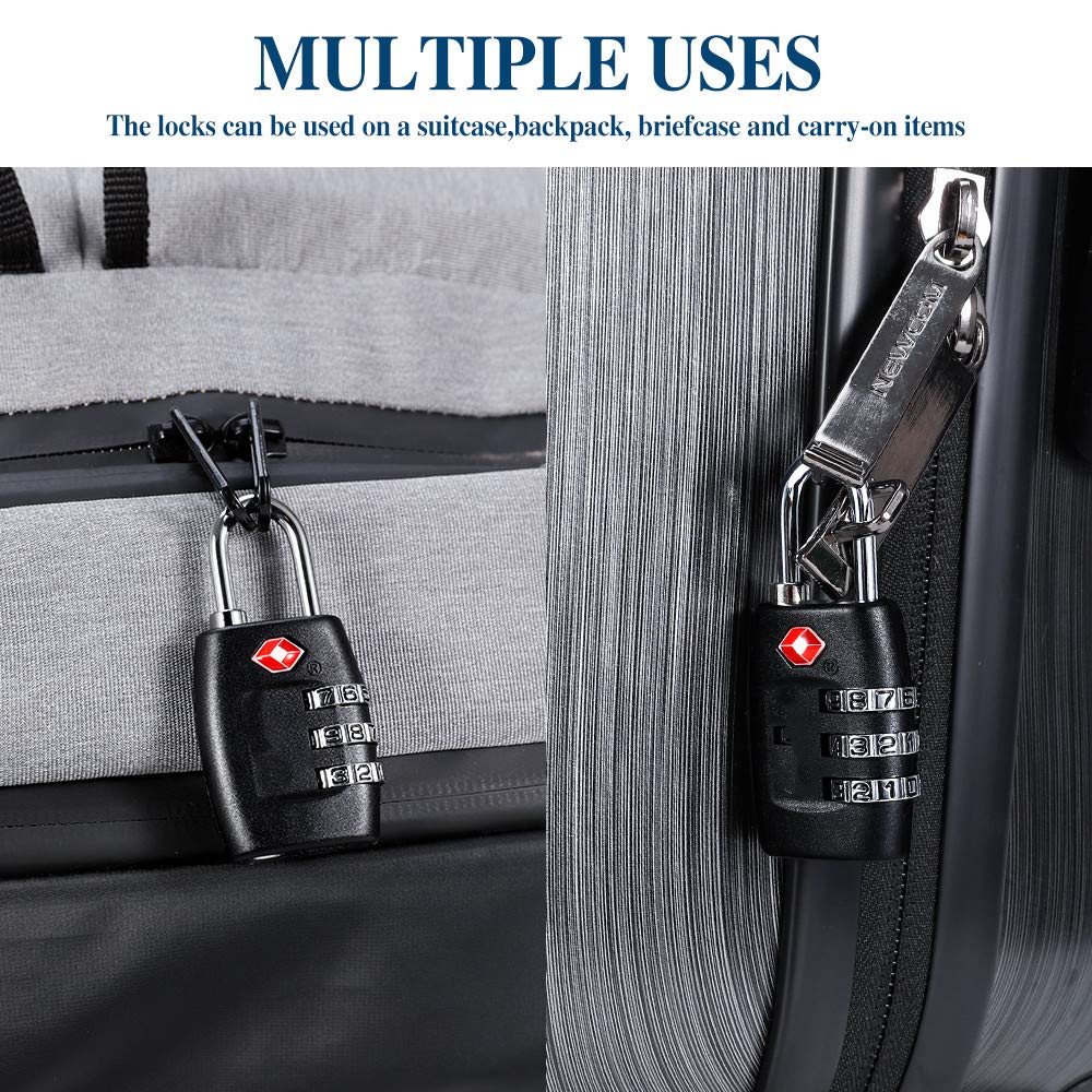 TSA Luggage Locks (4Pack) - 3 Digit Combination Padlocks - Approved Travel Lock for Suitcases & Baggage (Black)