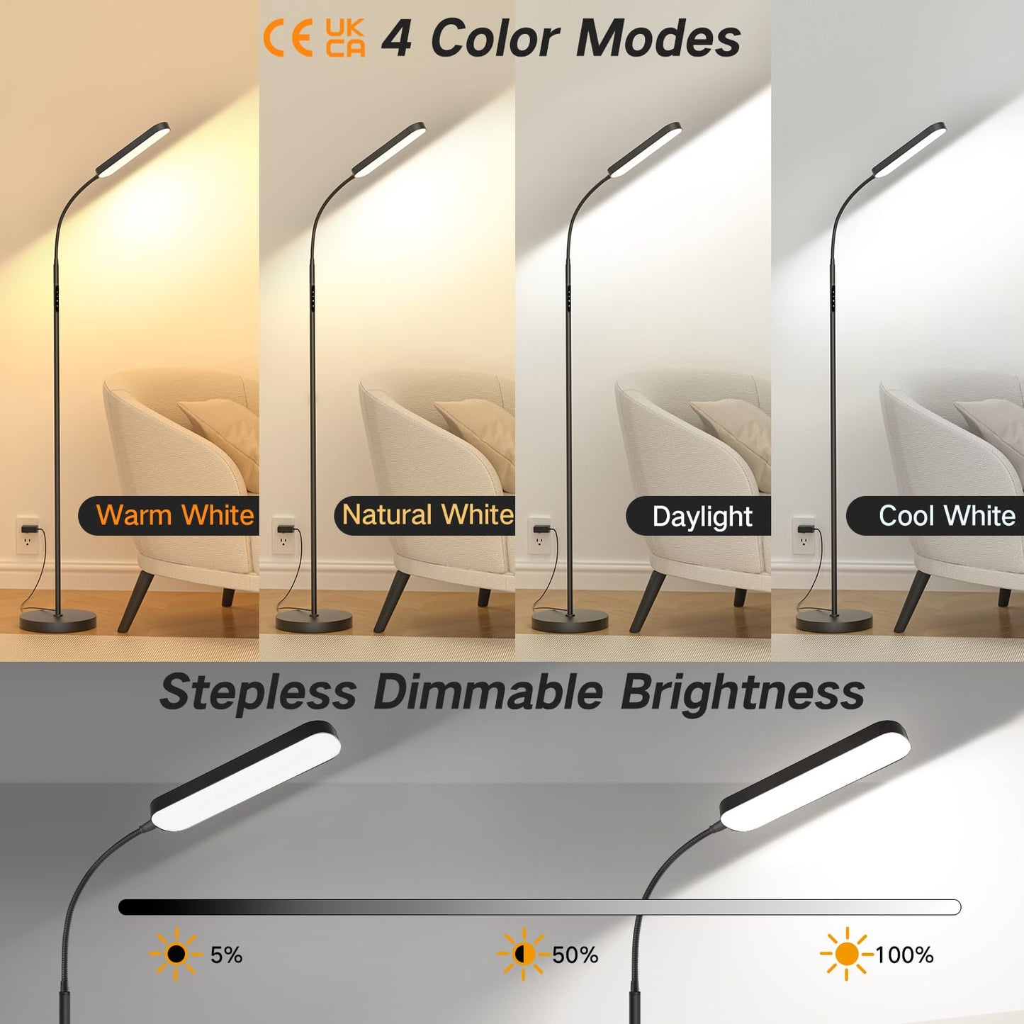 OUTON LED Floor Lamp 15W 1500LM, Dimmable Adjustable Modern Standing Light with 4 Color Temperature, Remote & Touch Control, 1 Hour Timer for Reading Living Room Bedroom Office Sewing (Black)