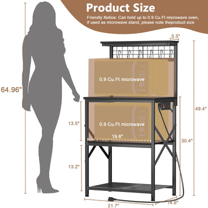 Furologee Kitchen Bakers Rack with Power Outlet, Microwave Oven Stand with Storage 4 Tiers, Coffee Bar Table with 6 S Hooks, Kitchen Storage Shelf Rack for Spices, Pots, Rustic Brown
