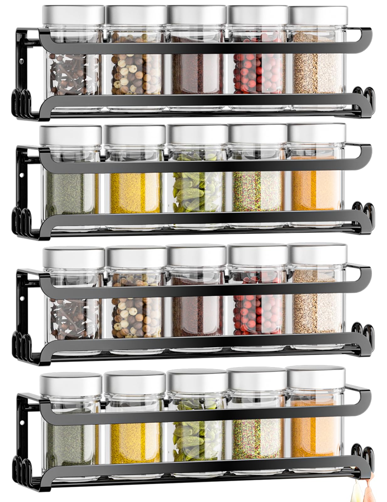 LUCYCAZ 4 Pack Wall Mounted Spice Rack with 16 Hooks, Spice Organizer Shelf for Stove Cabinet Pantry Door,Screw or Adhesive Spice Shelf Hanging Wall Spice Rack in Kitchen and RV (Black, 4 PACK)