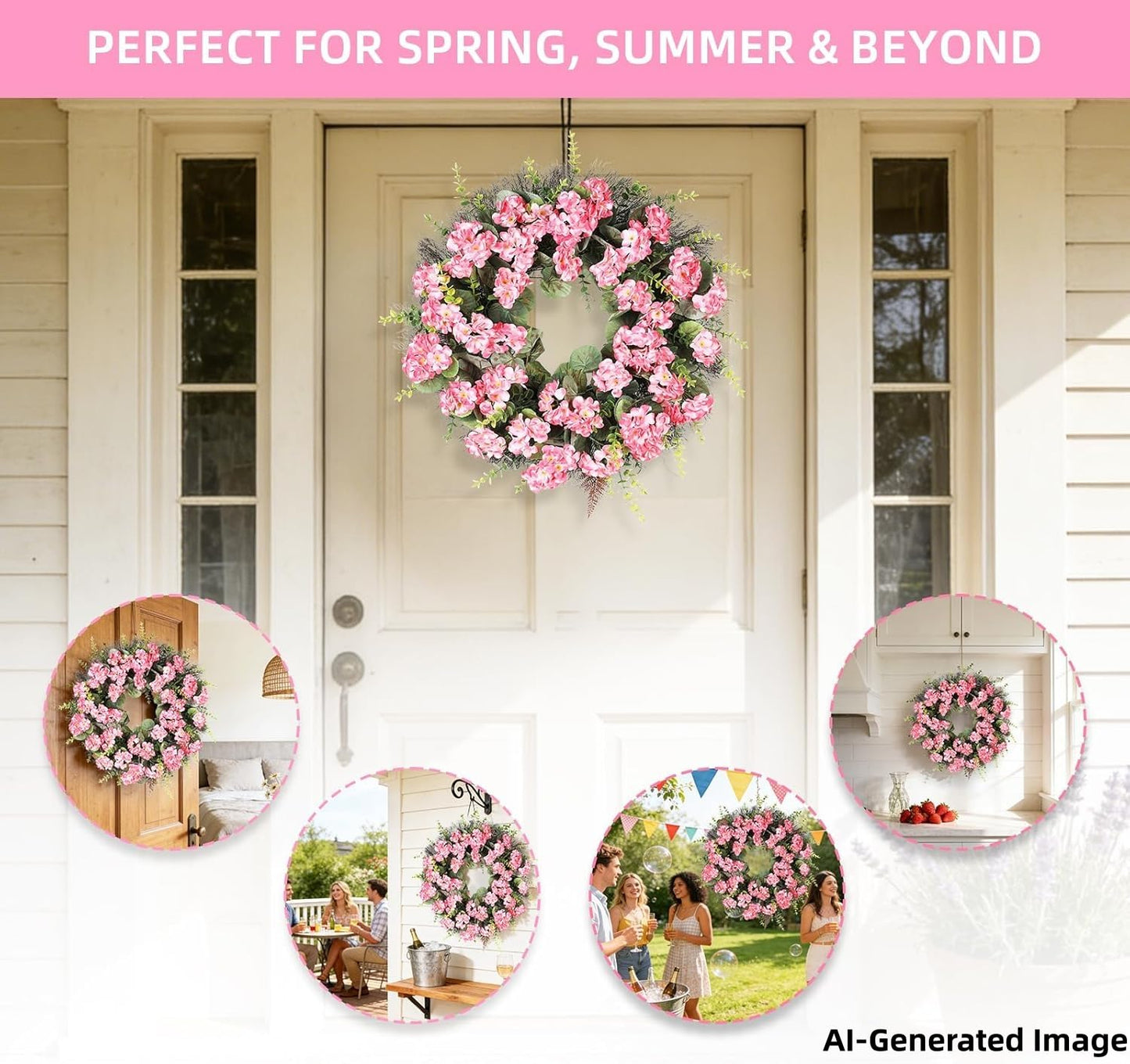 KuiMen Spring Summer Wreaths for Front Door 24 Inch Pink Artificial Geranium Wreath with Blessed Hanging Sign for Indoor and Outdoor Decor