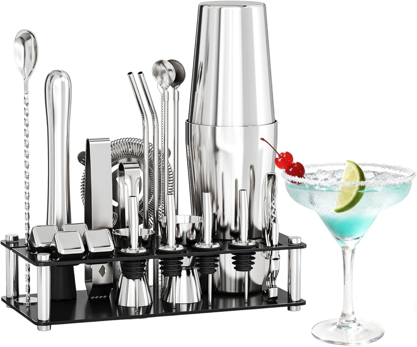 EffiQ-Rate 24 Piece Professional Boston Shaker for Cocktails, Stainless Steel Bar Kits for Bartender with Acrylic Stand, All Essential Bar Tools for Home, Party, Mixing Drinks, Silver
