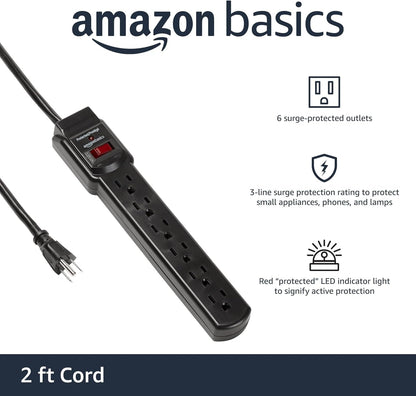 Amazon Basics Rectangle 6-Outlet, 600 Joule Surge Protector Power Strip, 2ft, Small, White, 2-Pack