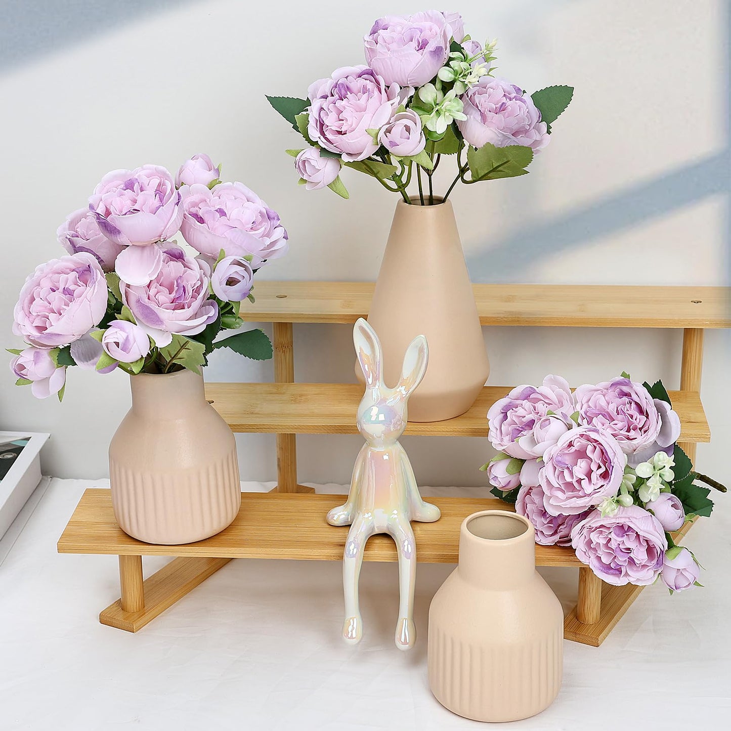 Nagobi Flower Table Centerpiece - Dining Table Centerpiece Decor Set of 3 Fake Peonies in Ceramic Vases & Wood Tray Modern for Kitchen Island Living Room Coffee Table Home Decor (Light Purple)