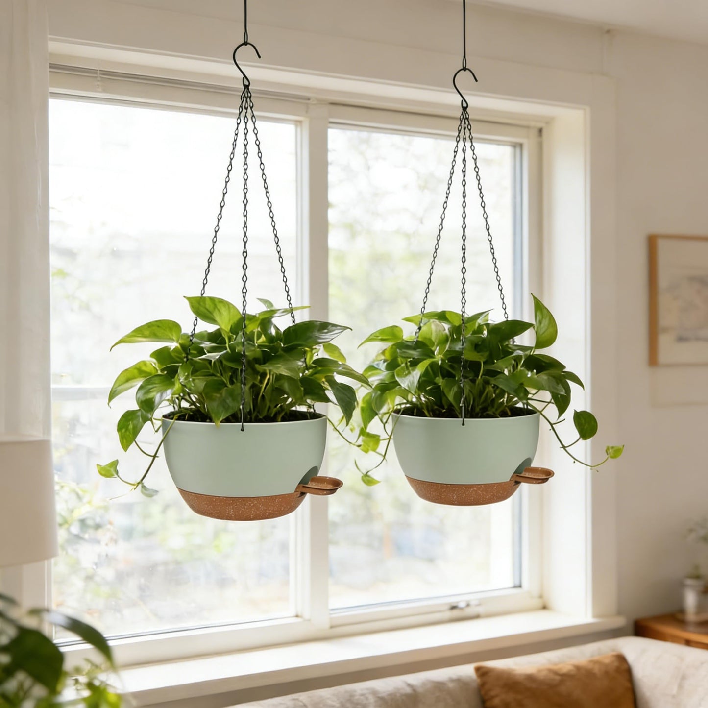 CNLBO 12 Inch Self Watering Hanging Planters 2 Pack, Indoor Outdoor Hanging Pots for Plants with Drainage Holes & Saucers, Green Brown Plastic Hanging Baskets for Kitchen Balcony Garden