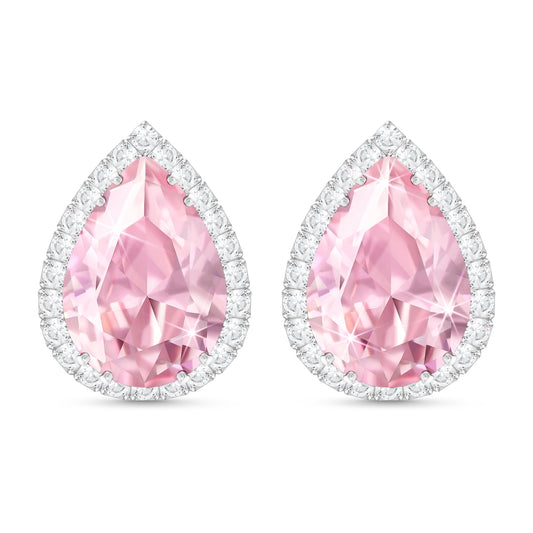 Linawe Pink Earrings Studs for Women, Silver Imitation Diamond Morganite Teardrop Cartilage Stud Earrings Set, Wedding Bridal Iridescent Rhinestone Crystal Sparkly Bridesmaid Jewelry