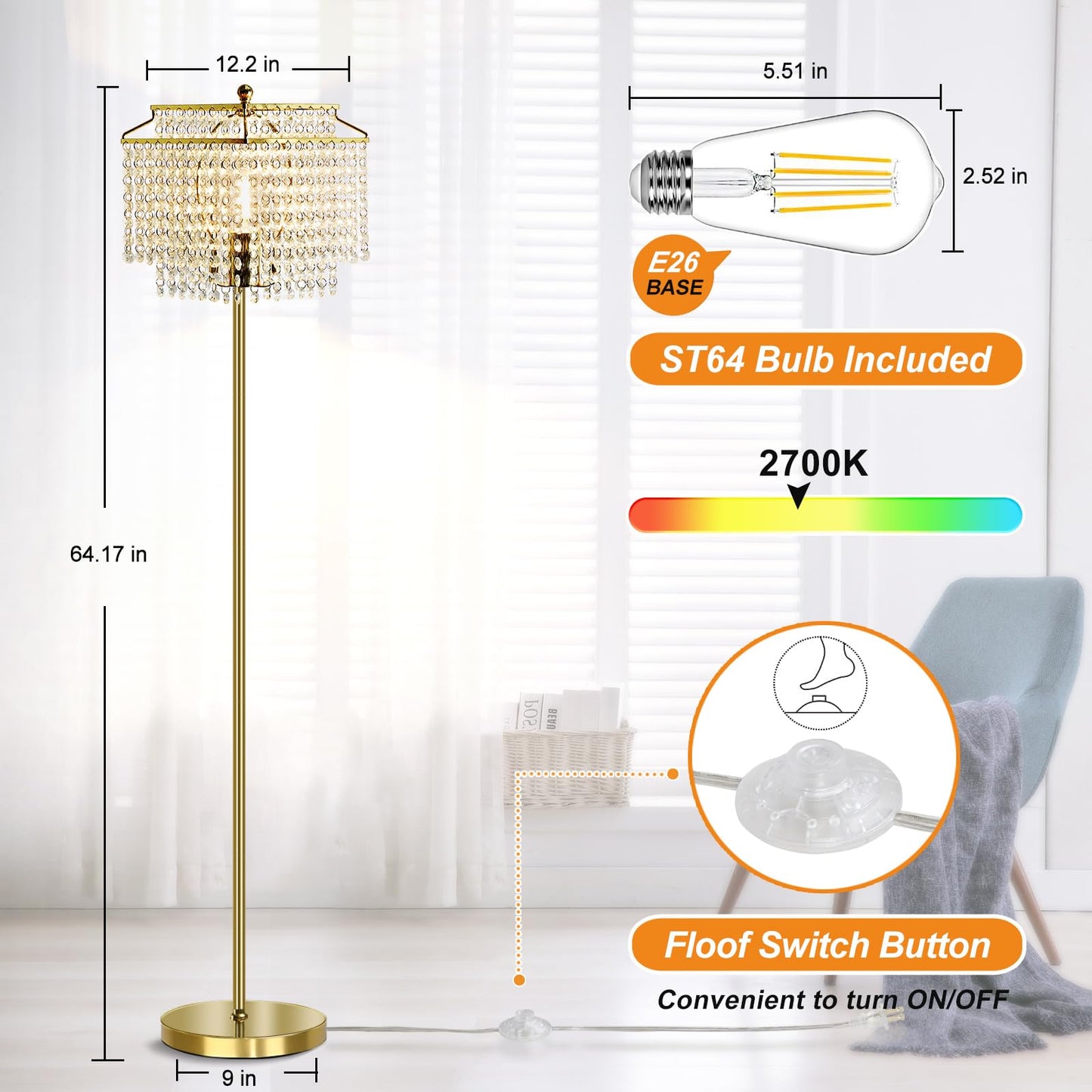 Luvkczc Gold Crystal Floor Lamp, 64" Tall Elegant Standing Lamp with On-Off Foot Switch, Double-Layer Lampshade, Standing Floor Lamps for Living Room, Bedroom, Office, 8W LED Bulb Included
