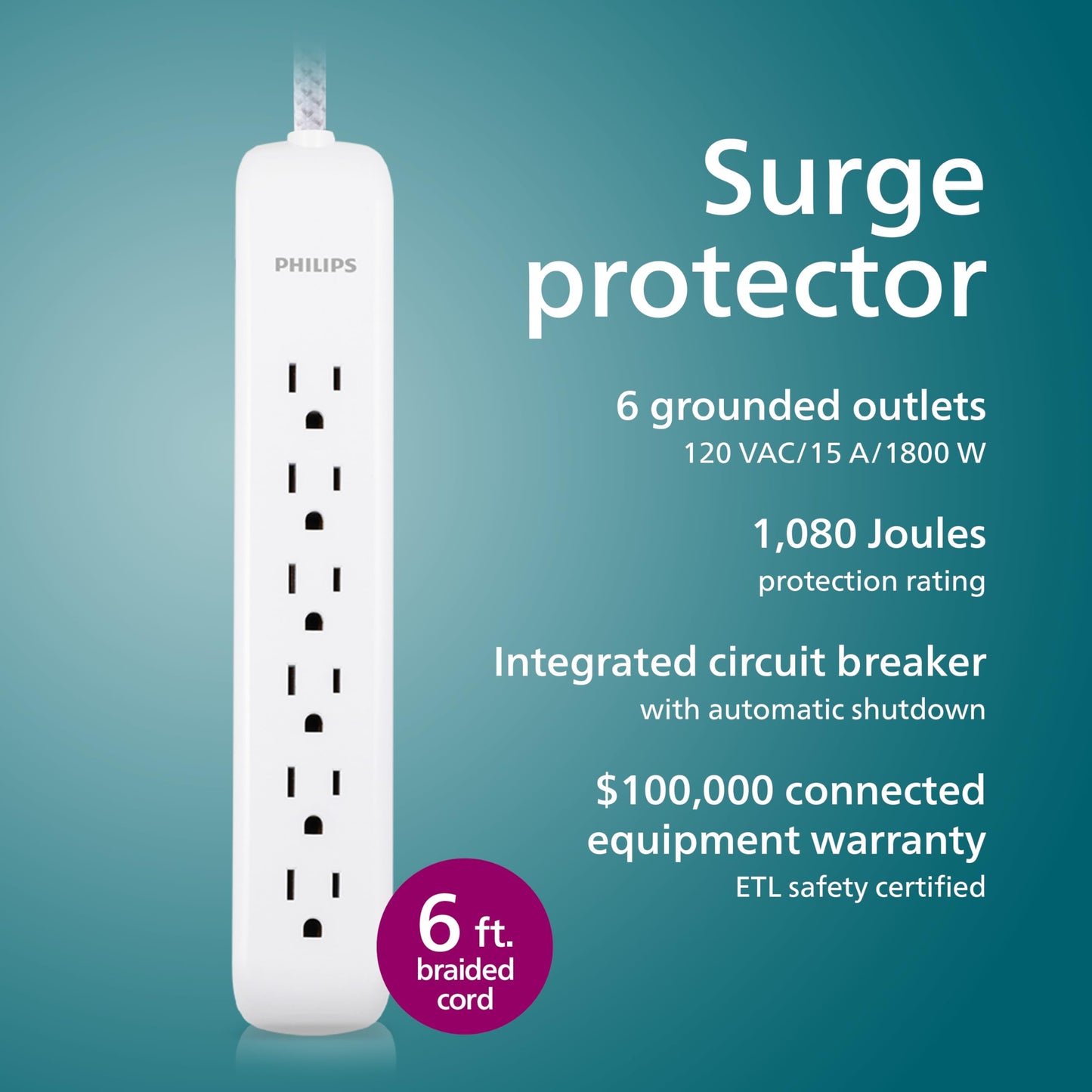 Philips 6 Outlet Power Strip Surge Protector, 6 Ft Power Cord, Designer Braided Extension Cord, Flat Plug, Perfect for Office or Home Décor, 1080 Joules, White, SPC3054WA/37