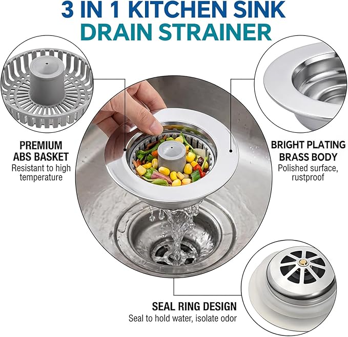 Kitchen Sink Stopper, 3 in 1 Pop Up Kitchen Sink Drain Strainer,
