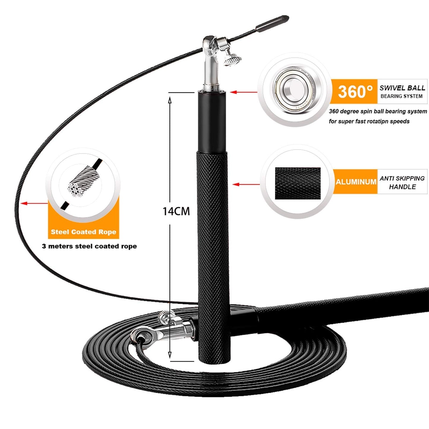 Speed Jump Rope - 360° Swivel Ball Bearing - Adjustable steel coated skipping rope- Aluminum Anti Skipping Handle -Fitness Training Boxing Sports Exercises -suitable for kids and adults(Black)