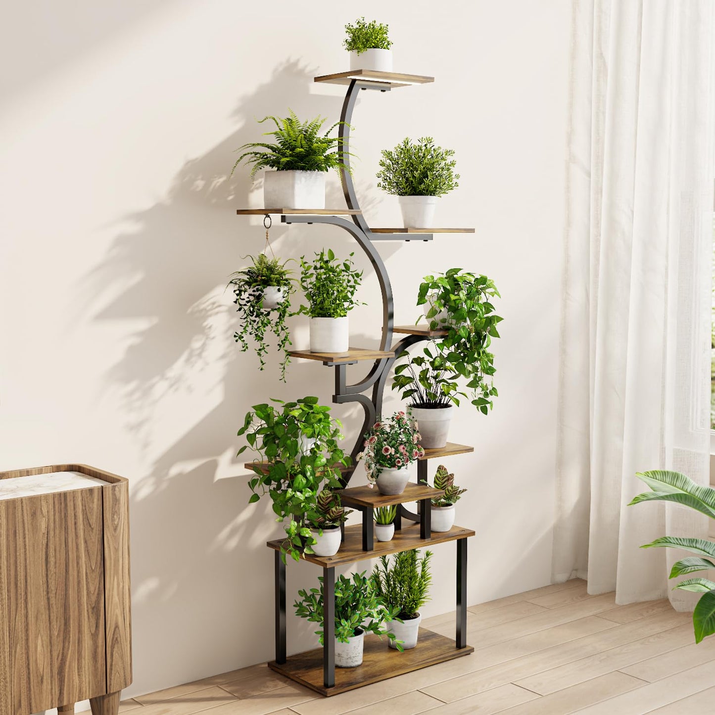 Plant Stand Indoor with Grow Lights - 9-Tier Curved Plant Stand, Tall Metal and Wood Indoor Plant Shelf with Unique Arched Design, Multi-Tier Flower Pot Holder Rack with Waterproof Finish, 63" Tall for Living Room, Balcony, and Garden