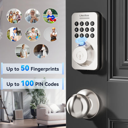 Ulecoce Fingerprint Keypad Deadbolt with Handle Set, Keyless Entry Door Lock, Door Locks for Front Door Lock Set, App Control, Auto Locking, Easy to Install, Satin Nickel