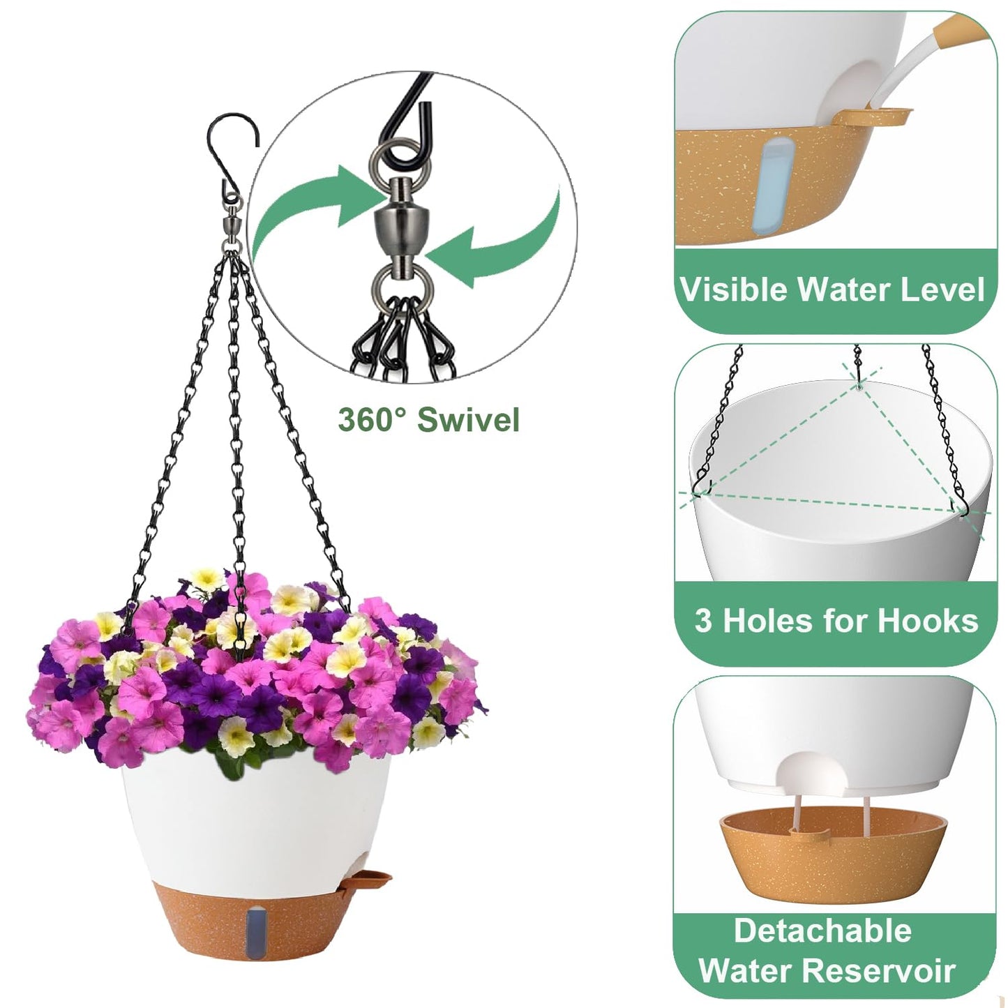 Heybe 3 Pack Self Watering Hanging Planters with Swivel Hanging Chains 20 Inches, 10/9/8 Inch Pots for Indoor Outdoor Plants, White