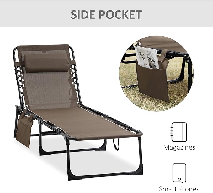 Outsunny Chaise Lounge Chair Outdoor, 5-Position Adjustable Sun Tanning Chair with Carrying Handle and Side Pocket, Folding Bed Cot with Removable Pillow for Garden, Beach, Patio, Pool, Camp, Brown