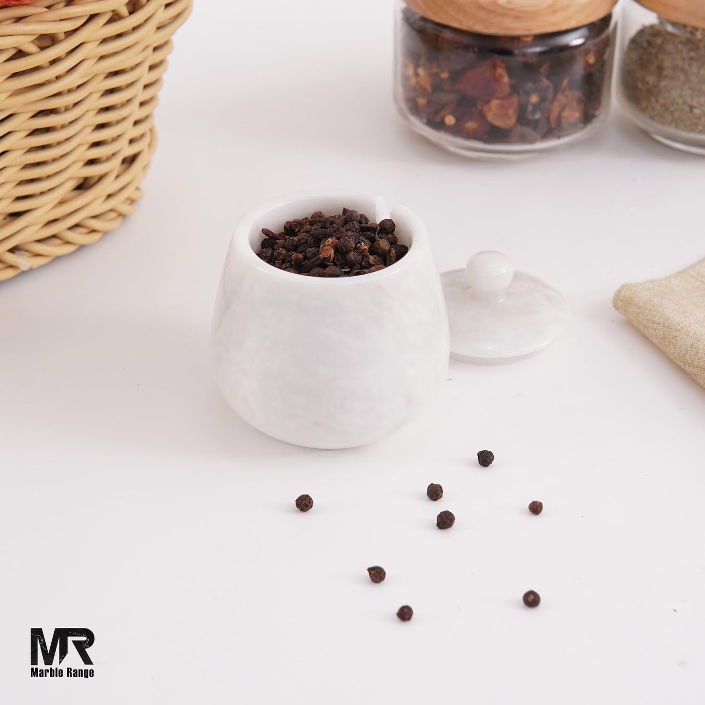 White Marble Salt Cellar – 3.5 Inch Salt Jar with Lid, Table Salt Container, Salt Dish, Salt Holder, Spice Jar, Sugar Bowl, Seasoning Container, Salt Dispenser for Kitchen Counter Decor