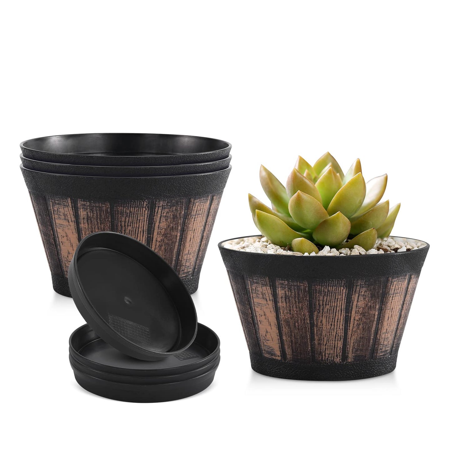 Quarut 6 inch Brown Barrel Planters with Drainage Holes & Saucer, Set of 4, Indoor & Outdoor Garden Home Plants