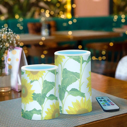WEVIBOFU Painting Yellow Sunflowers Flickering Flameless Candles LED Battery Operated with Remote Timer Pillar Candles for Home Birthday Wedding Christmas Decor, Set of 2