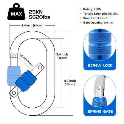 Hopeseily Heavy Duty Climbing Carabiner, Rated 25kN(5620lbs), Screw Locking Carabiner Clip, Oval Shape Carabiner for Rappelling, Hammocks, Aerial Work, Rigging, Rescue, Arborist(2pack, Blue)
