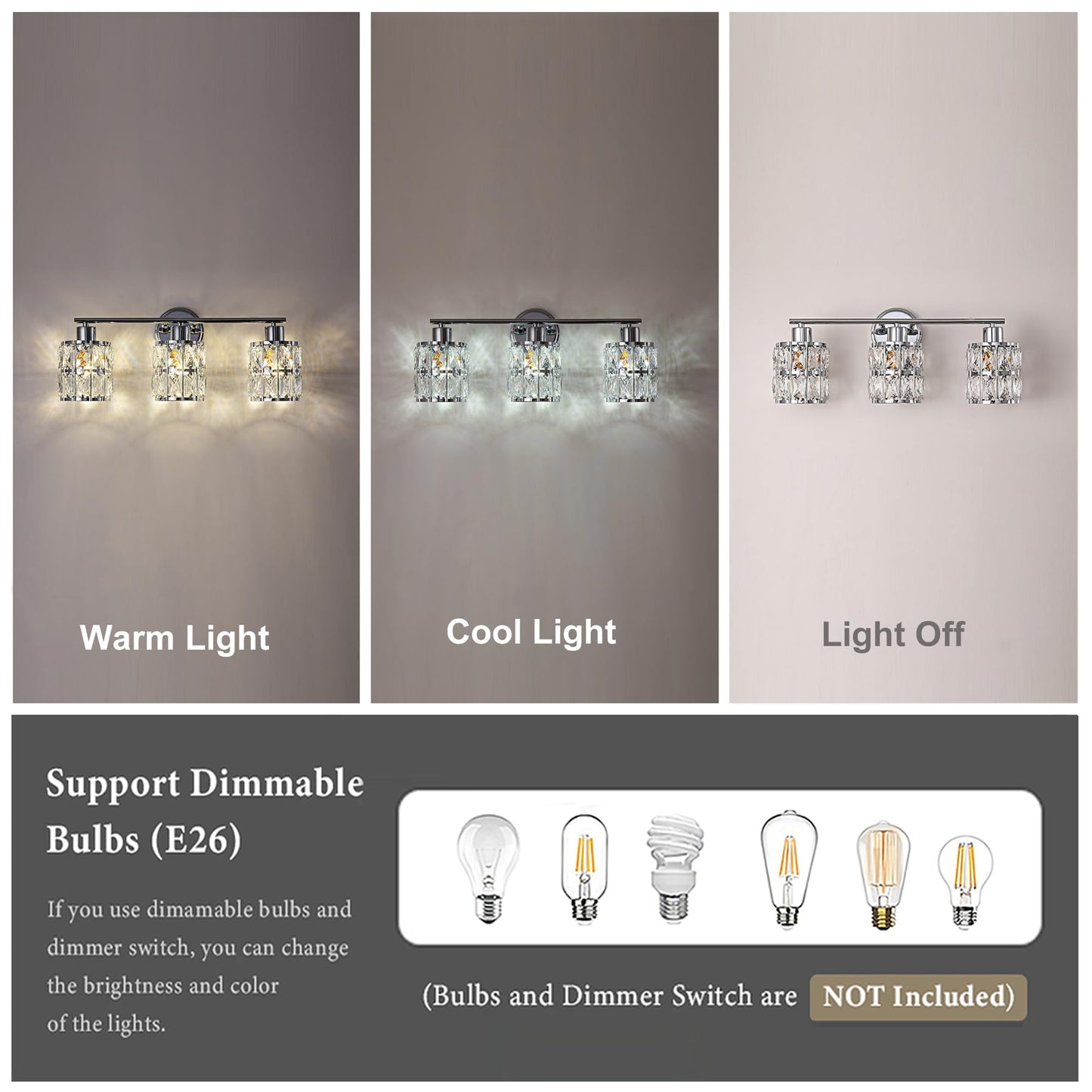 CALDION 3-Light Crystal Wall Lights Bathroom Vanity Light Fixtures, Modern Chrome Vanity Lighting Over Mirror Crystal Wall Sconces Lighting for Bedroom Restroom Bath Cabinet Powder Room, E26 Base
