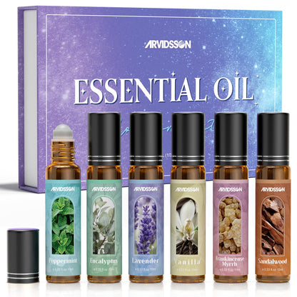 Essential Oils Roll On Gift Set, Natural Aromatherapy Oil Roller for Body, Skin, Massage - Lavender, Peppermint, Frankincense & Myrrh, Eucalyptus, Vanilla, Sandalwood, Gift for Women
