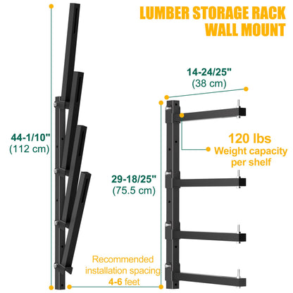 KOSEOO Lumber Storage Rack Wall Mount, Folding Wood Storage Racks Heavy Duty for Garage Metal Lumber Rack Indoor and Outdoor with 4-Level, 4 Pack, Black
