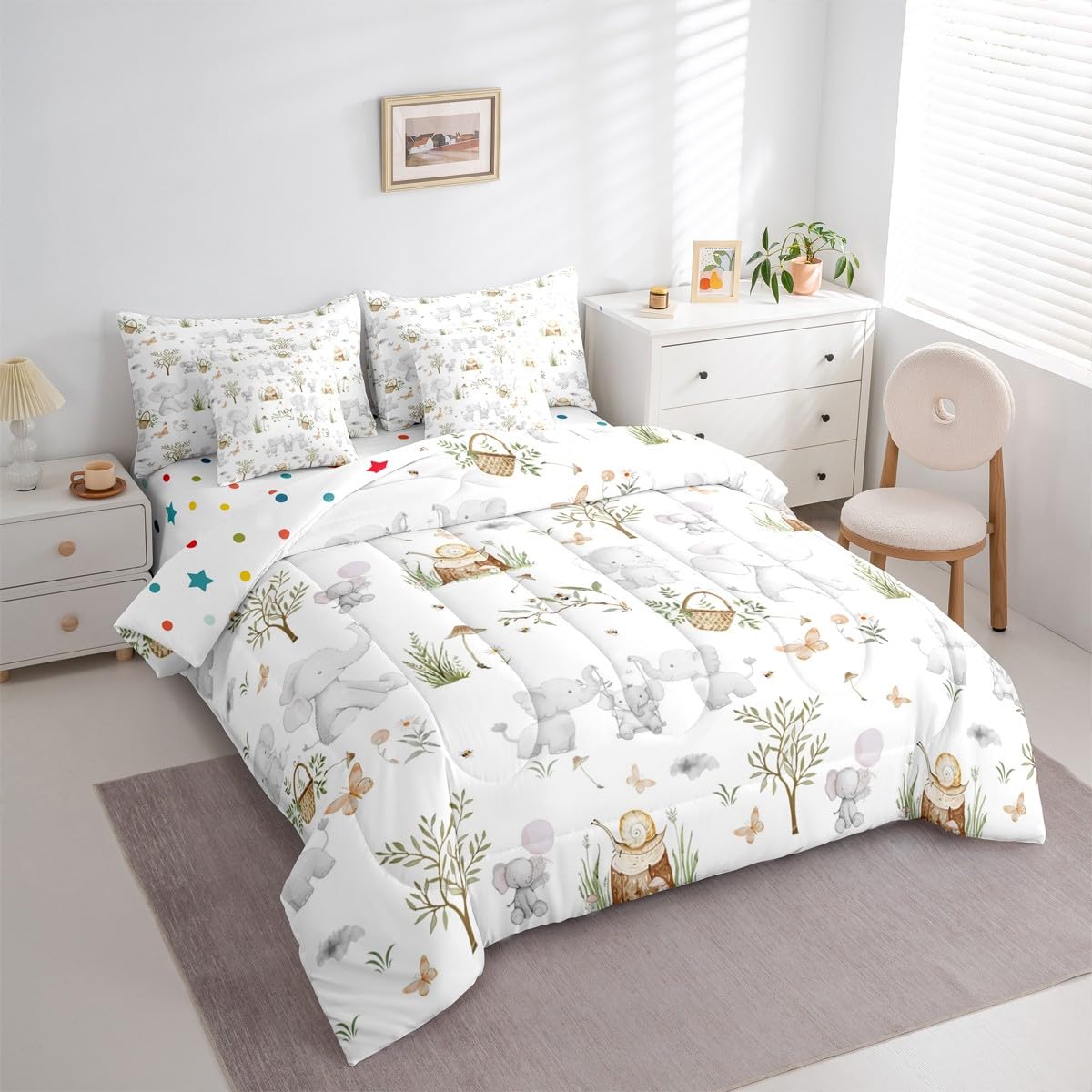 Erosebridal Kids Elephant Twin 7 Piece Comforter Set for Boys Girls Nursery Cute Cartoon Animals Bedding Set Woodland Snails Wildlife Comforter Elephant Family Stump Butterfly Trees Flat Fitted Sheet