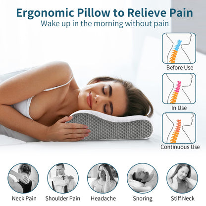 Memory Foam Pillows Neck Pillow Bed Pillow for Sleeping, Ergonomic Cervical Pillow for Neck and Shoulder Pain Relief,Orthopedic Contour Pillow for Side Back Stomach Sleeper(Blue&Grey)