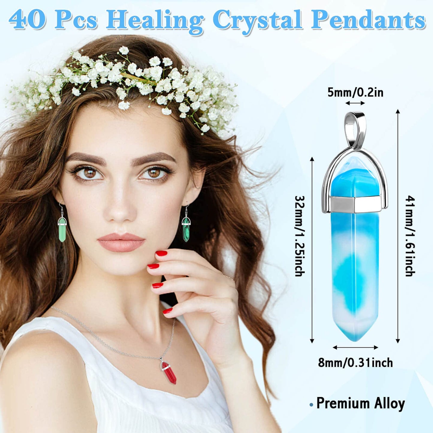 ROADPLUM 40Pcs Healing Crystal Pendants, Glow in the Dark Gemstones Charms Quartz Stone, Hexagonal Crystals Pointed Chakra, Natural Crystal Necklace Pendants for Jewelry Making with Storage Box
