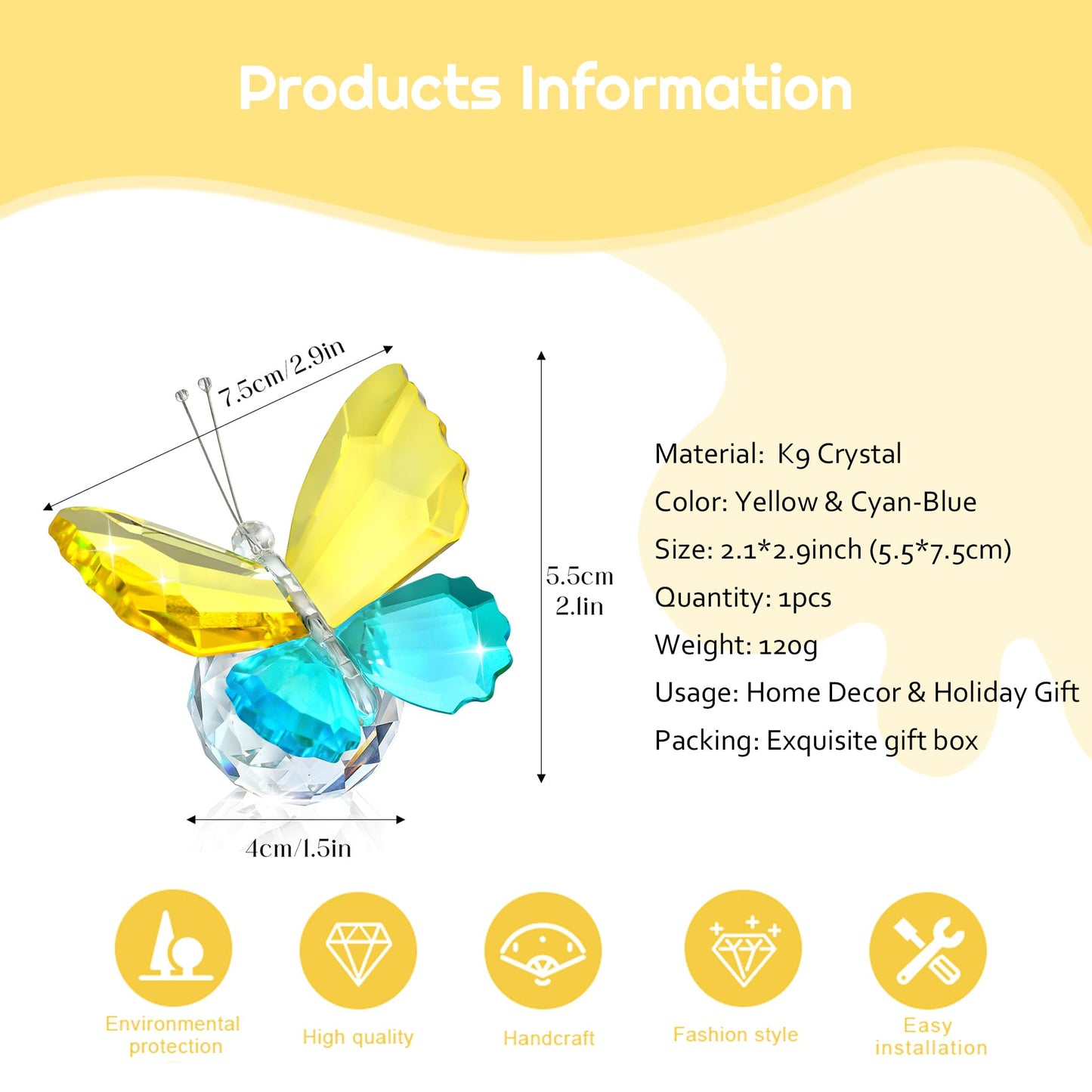 H&D HYALINE & DORA Crystal Butterfly Figurines Gifts for Women, Flying Butterfly Collectible Figurines Paperweights for Tabletop Home Decor (Yellow & Cyan-Blue)