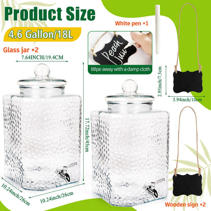 FULJOOY 2 Pack 4.6 Gallon Glass Water Dispenser with Lids Stainless Steel Spigot Hammered Clear Drink Beverage Dispenser Water Jug Container for Lemonade Water Juice Iced Tea Party Wedding Kitchen