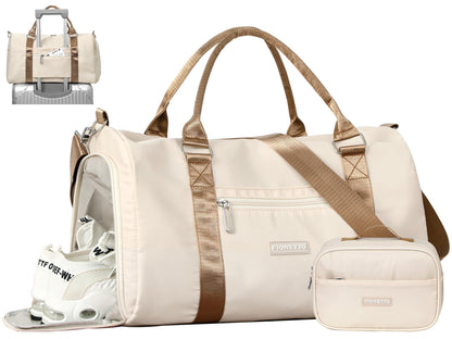 FIORETTO Womens Gym Tote Duffle Bag with Toiletry Bag, Sports Duffel Overnight Hospital Workout Carry on Bag for Girls with Wet Pocket & Shoe Compartment, Ideal for Travel, Swimming, Beige & Brown