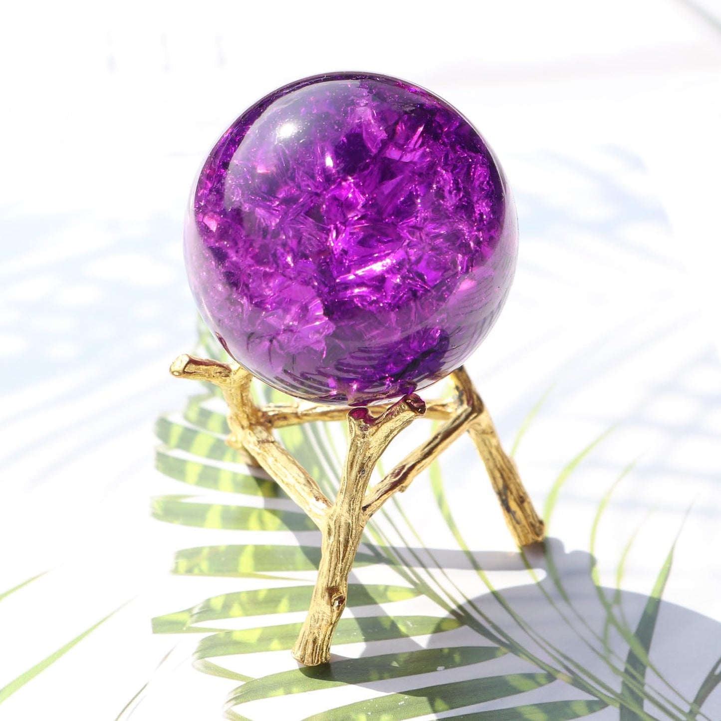50mm Crystal Ice Cracked Balls with Metal Branches Base Paperweight K9 Glass Decorative Ball Decor for Home Table Room Office Wedding Ornaments (Purple)