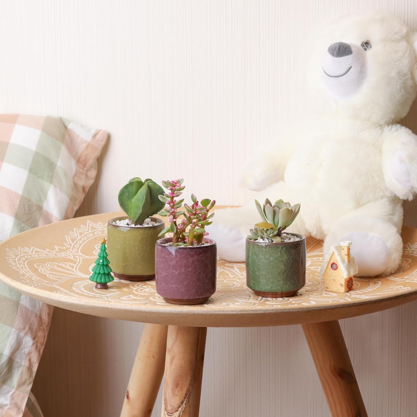 T4U 2.5 Inch Small Ceramic Succulent Planter Pot with Bamboo Saucer Set of 6, Ice Crack Glaze Porcelain Handicraft Plant Container Gift for Mom Sister Aunt Best for Home Office Desk Decoration