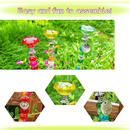 ZSlactp 72Pcs Beaded Garden Stakes Kit - DIY Fairy Wand Garden Stake Beads Kit, Fairy Garden Accessories Outdoor for Different Festivals, Garden Stake Decorative Diamond-(Red+Green+Yellow)