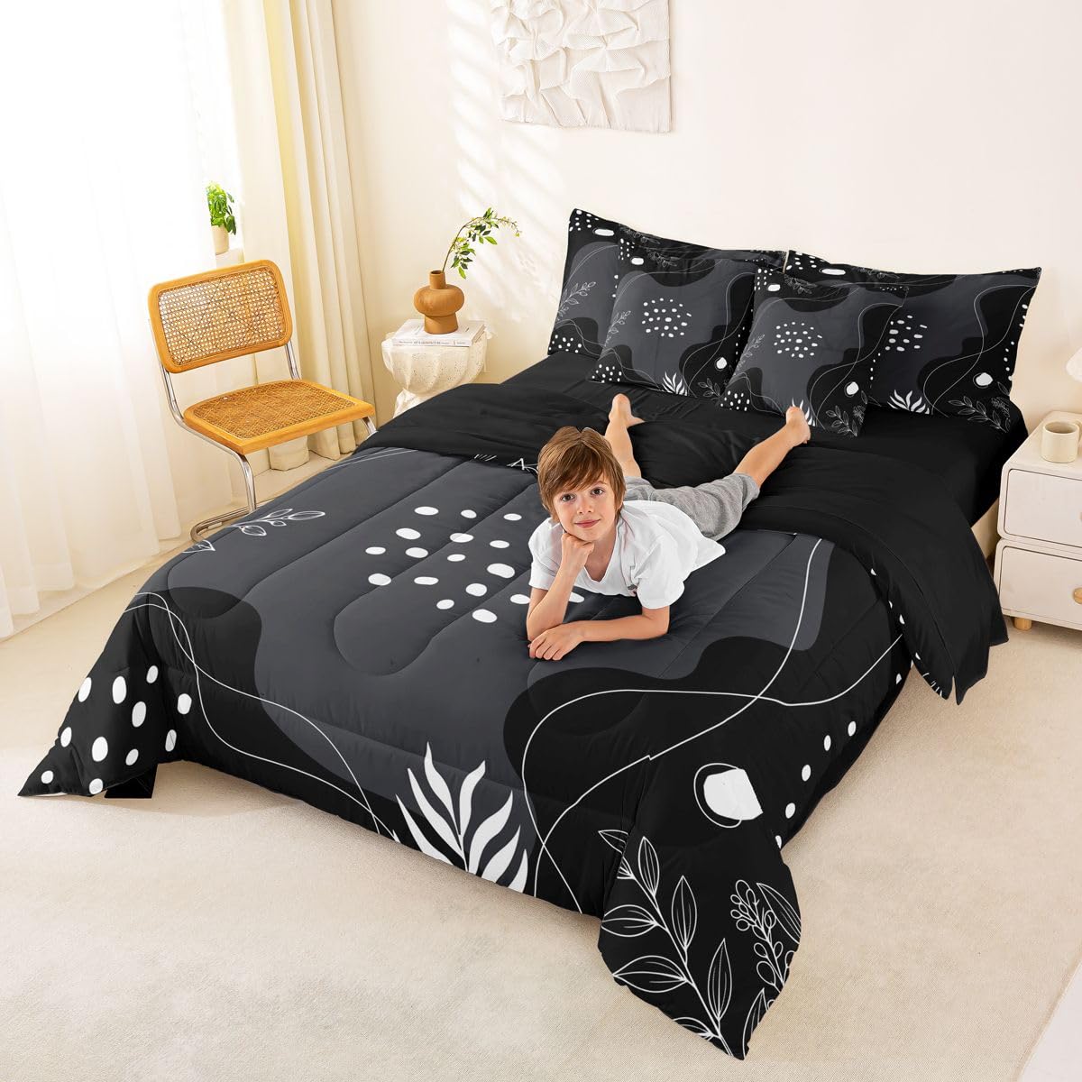 Erosebridal Mid Century Modern 7 Piece Comforter Set Full Bed in a Bag Boho Black Grey Bedding Sets Simplistic Geometrical Comforter and Sheet Set, Geometric Lines Bed Sets
