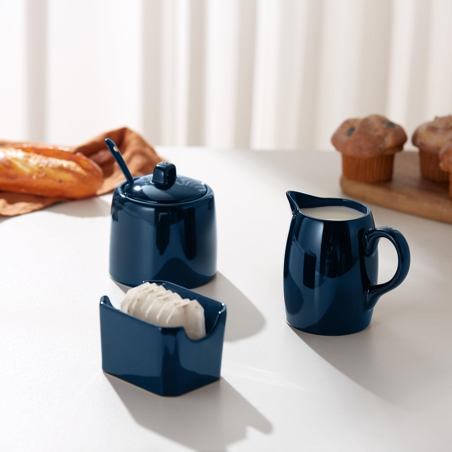 KooK Sugar and Creamer Set, 3 Piece, Pitcher, Sugar Bowl with Lid and Spoon, Sweetener Holder (Navy)