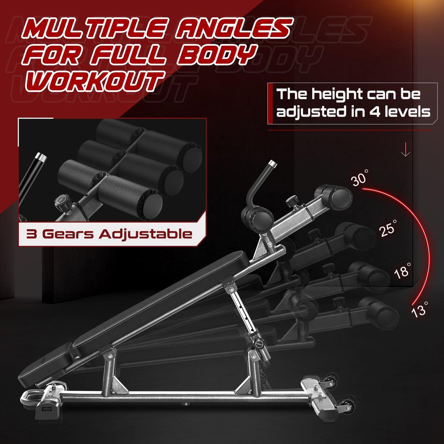 BODY RHYTHM Professional Sit-Up Bench with 4 Adjustable Heights and Reverse Crunch Handle, Adjustable Weight Bench and Flat, Incline & Decline Bench Press, Great Strength Training Slant Bench and Ab &