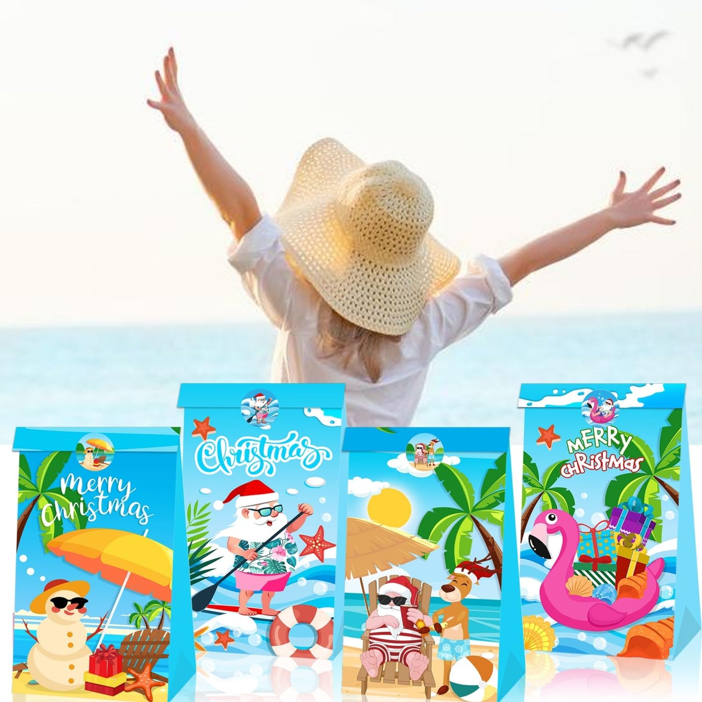 KYMY 12PCS Summer Christmas Party Favor Bags, Hawaiian Beach Paper Totes with Stickers, July Xmas Tropical Santa & Flamingo Treat Bags for Luau Holiday Party Decorations Supplies
