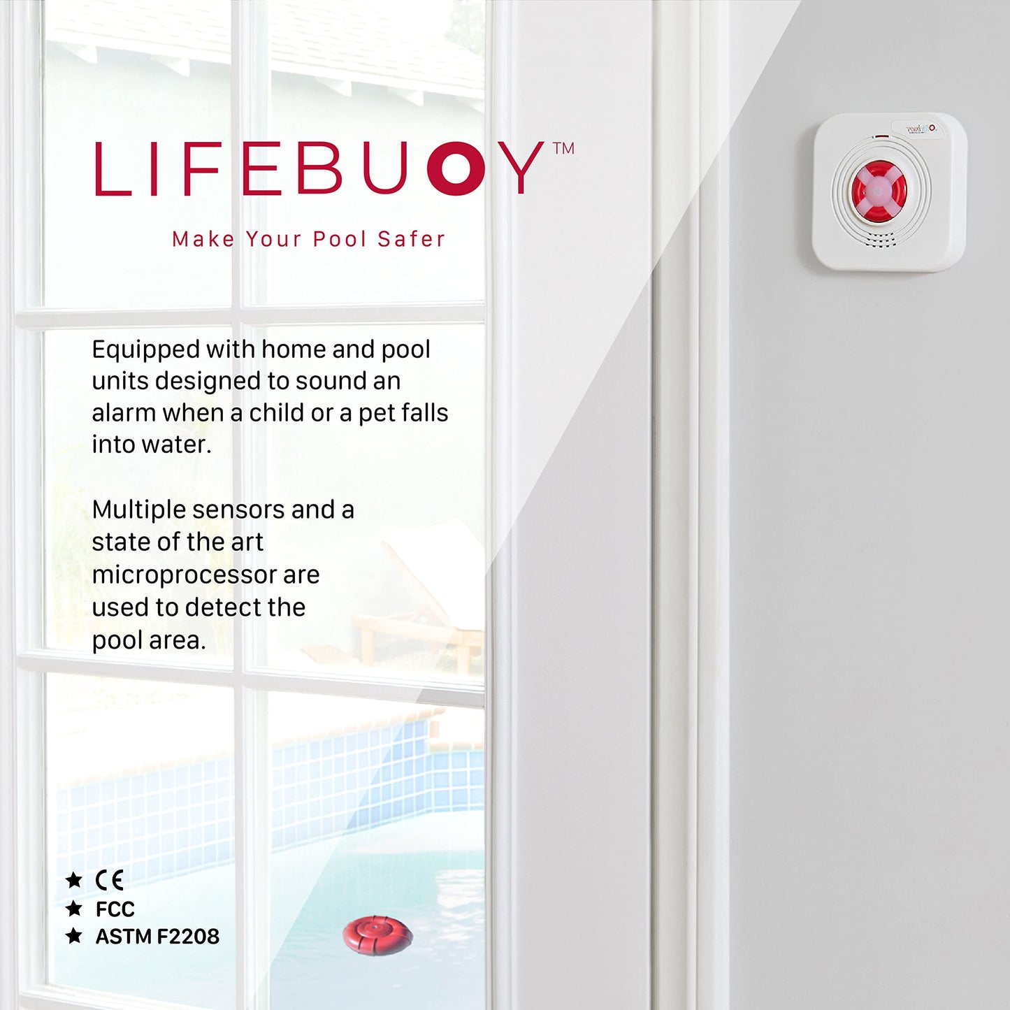 Lifebuoy Pool Alarm System - Pool Motion Sensor - Smart Pool Alarm That is Application Controlled. Powerful Sirens Blare at Poolside and Indoors