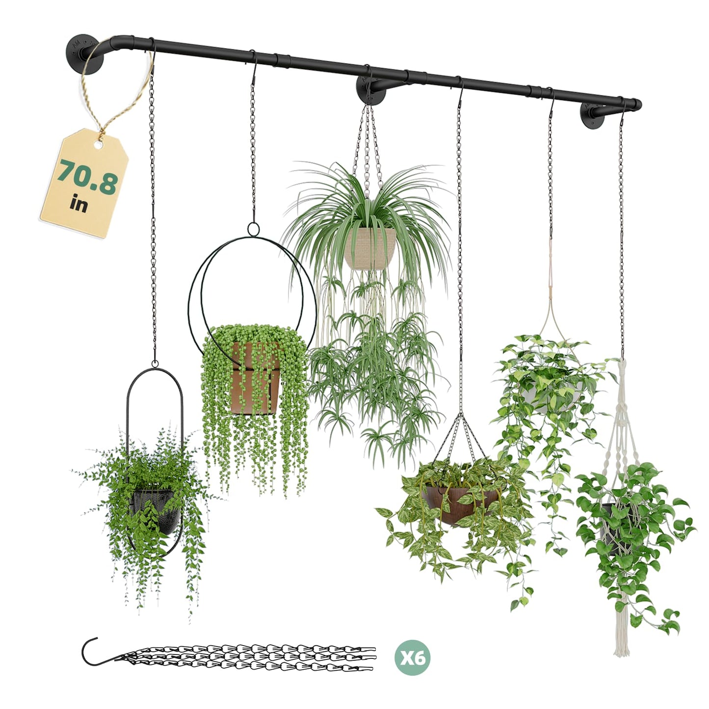 Galood Plant Hanger Indoor with 6 Hanging Chains Hanging Planters for Indoor Plants Hanging Plant Holder Window Plant Rod Black Metal Shelves(70.8 Inch Pot not Included