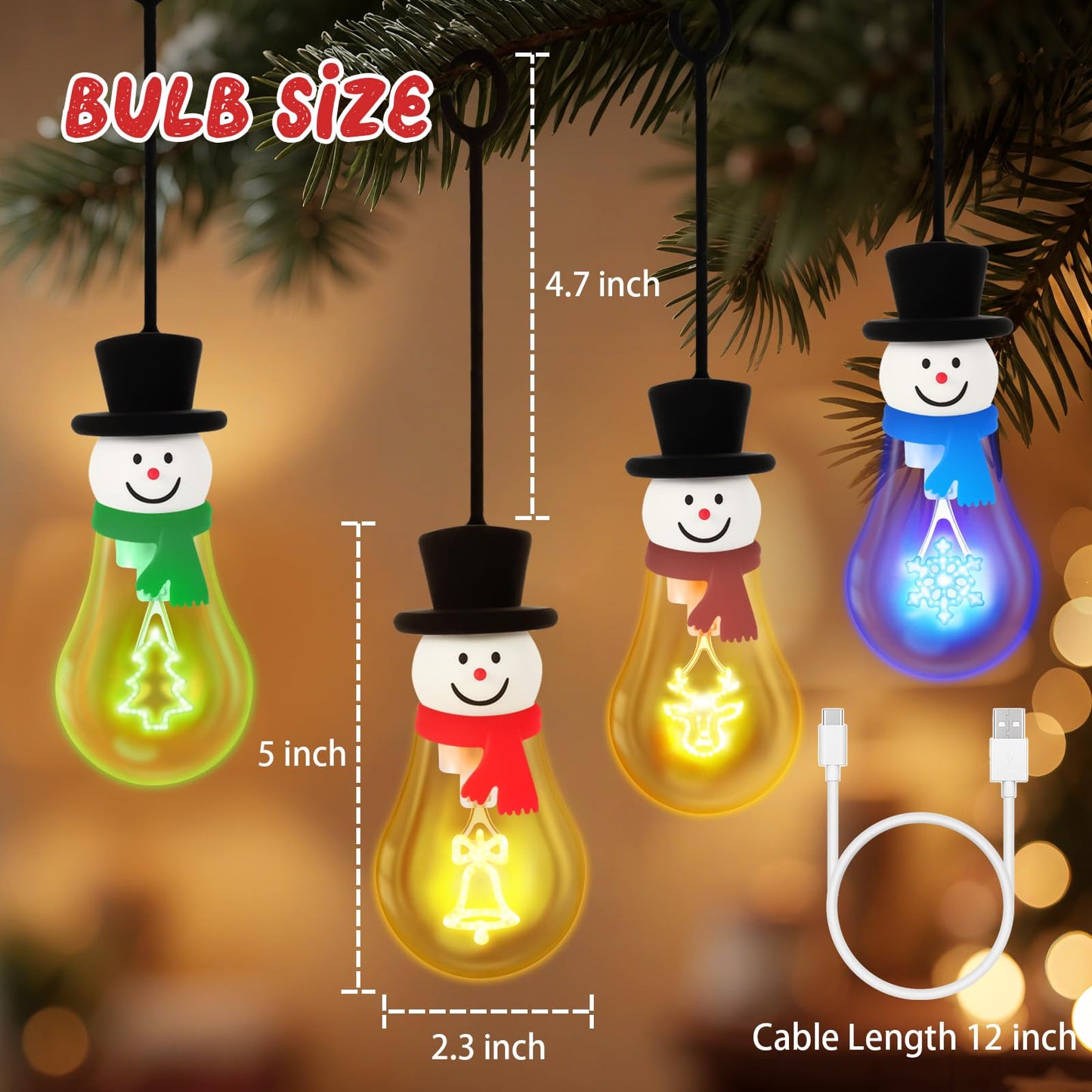 Christmas Bulb Light Hanging Christmas Night Light Edison Style Bulb USB Powered 8Hrs Play Fun Decorative for Indoor Outdoor Home Party Holiday Gift（Blue+Green+Red+Coffee Brown）